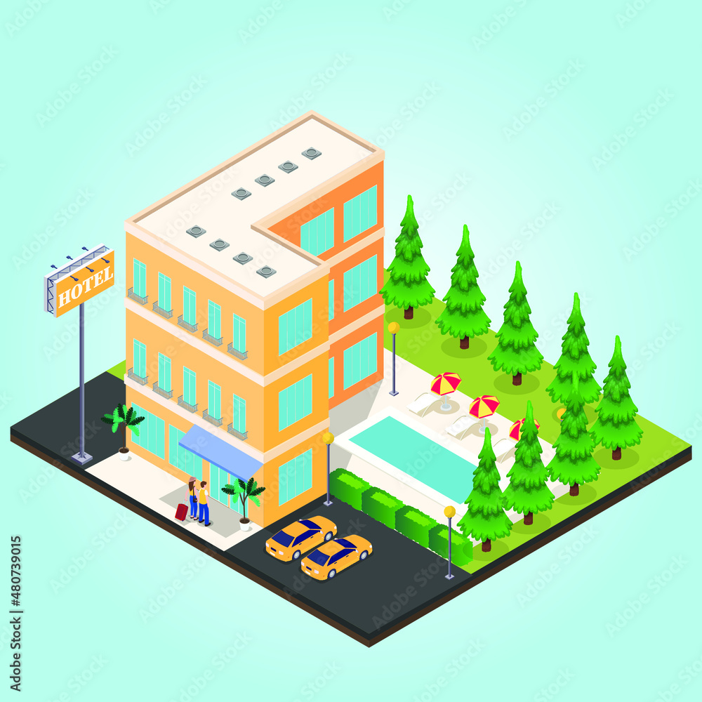 Hotel building isometric 3d vector concept for banner, website, illustration, landing page, flyer, etc. Hotel building isometric 3d vector concept for banner, website, illustration, landing page, flyer, etc.