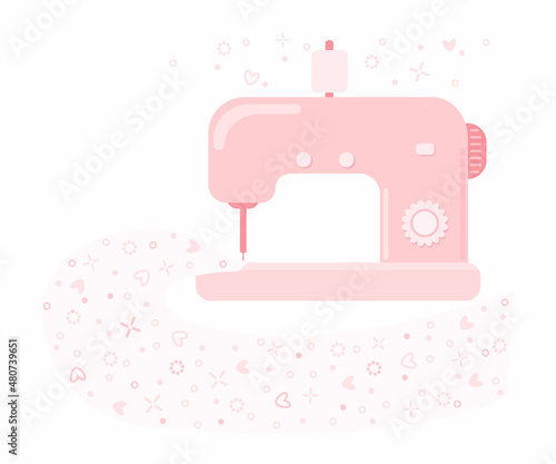 Cute pink sewing machine isolated on white background. Cartoon flat style. Vector illustration