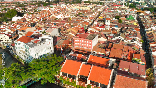 Melaka, Malaysia. Aerial view of city homes and skyline from drone on a clear sunny day