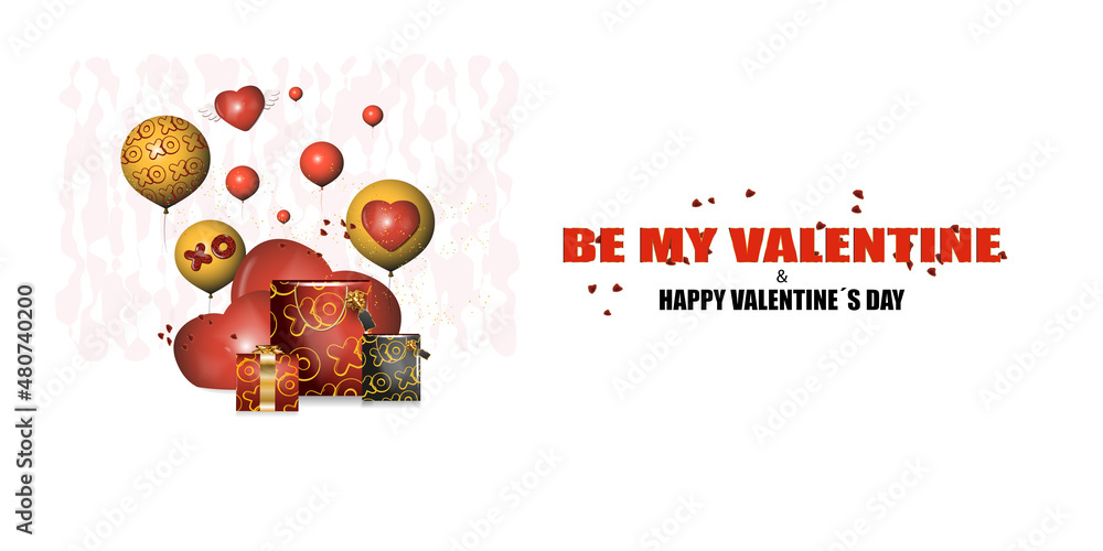 Half-buried hearts decorated with yellow balloons with red Valentine's patterns, gift boxes, gift bags and text on a white background Half-buried hearts decorated with yellow balloons with red Valentine's patterns, gift boxes, gift bags and text on a white background