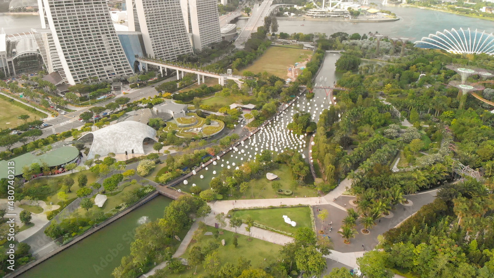 Marina Bay area in Singapore. Aerial view of city park on a clear sunny day.
