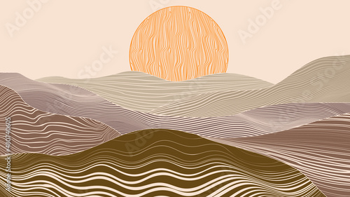 Modern poster with minimalist design elements . mountains and sunset in Boho style  . Wall art , home deco . Vector abstract shape.