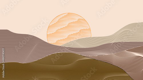 Modern poster with minimalist design elements . mountains and sunset in Boho style  . Wall art , home deco . Vector abstract shape.