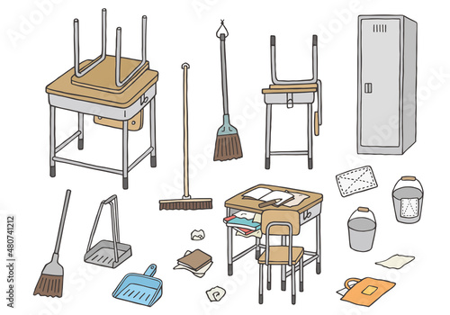 学校の掃除の時間にまつわる手描きイラスト（カラー）