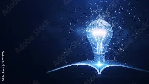 Learning from books or textbooks and the Internet helps create new ideas. Slowly moving interconnected polygons surround a glowing electric light bulb with a book underneath. dark blue background.