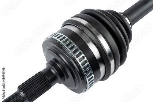 Front-wheel drive vehicle assembly isolated on white background. New car drive shaft isolated over white. Quality spare parts for car service or maintenance
