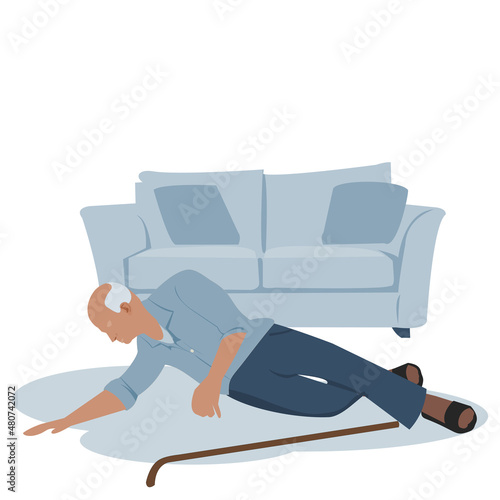 Old man falling accident in living room. Elderly man dropping from sofa (settee,also couch) on white background. Vector isolate flat cartoon characters design concept for Healthcare and social support