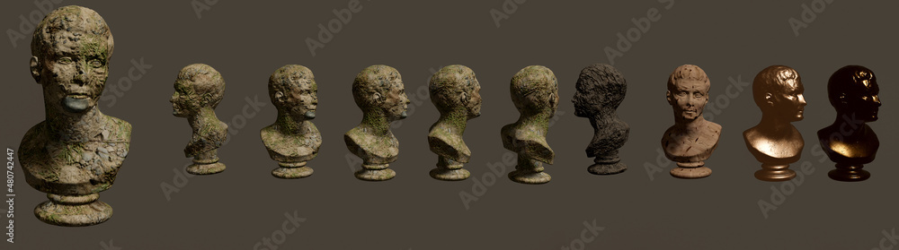 Set of 3d human face sculpt with old damaged texture render from different angles for vfx, animation movie and video game projects
