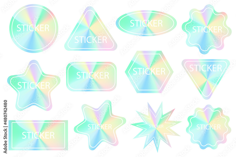 Holographic quality stickers set. Geometric shapes hologram labels, guarantee badges. Rainbow certificate seals. Vector modern trend design
