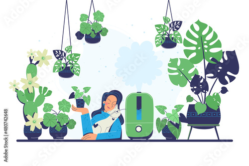 Ultrasonic air humidifier with plants.  Man and household appliances.  Climate technology in the interior.  A woman cuddles with a cat and enjoys humidified air.  Vector illustration in a flat style.