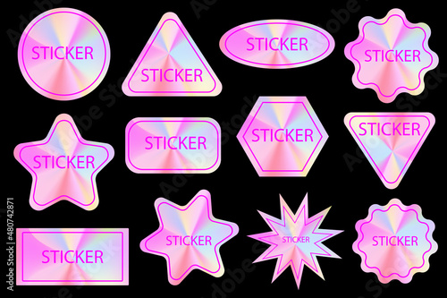 Set of different shapes holographic gradient sticker label in pink gradient. Black background. Vector web design illustration for modern trend design.