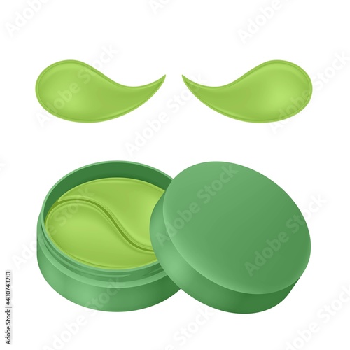 Realistic eye patches in cosmetics jar. Green gel patches. Facial Skin Care. Collagen Mask. Hydrogel Cosmetic Product. Korean cosmetics.