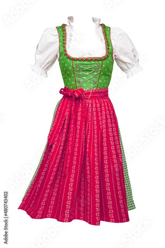 Bayerisches Drindl in den Farben Rot und Grün freigstellt auf weissem Hintergund