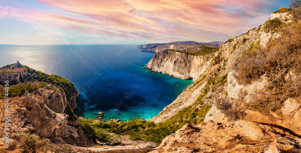 Obraz na płótnie Zakynthos in Greece, Keri cliffs and Ionian sea at sunset w salonie
