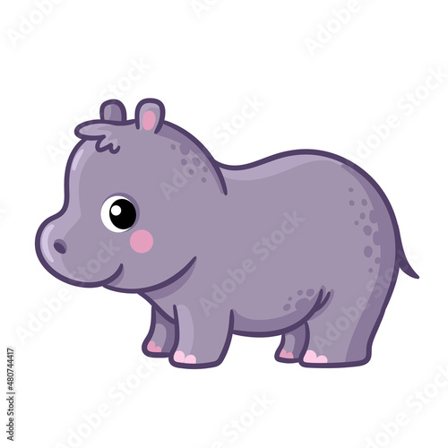 Hippo cub on a white background. Vector illustration with a hippo in cartoon style.