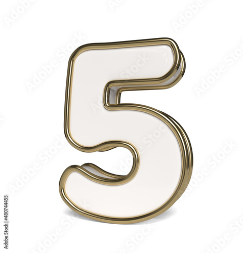 3D numbers in white and gold colors. Number 5. Collection. 
