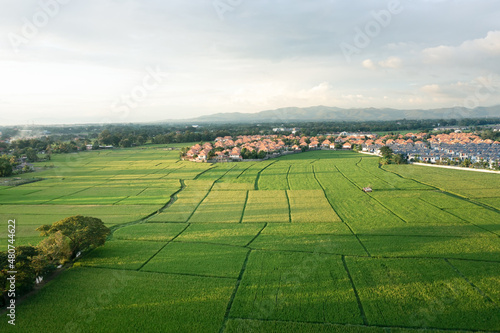 Land or landscape of green field in aerial view. Include agriculture farm, house building, village. That real estate or property. Plot of land to housing subdivision, development, sale or investment. 