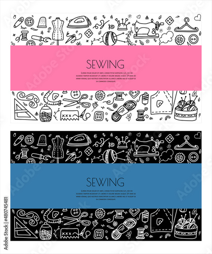 Vector doodle sewing banners. Vector tailoring tools icons. Sewing mannequin, machine, measuring and cutting supplies, Black outline. Sketch with professions