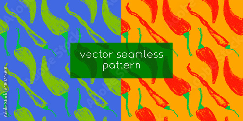 Vector hot pepper pattern seamless. Hand-drawn illustration of hot peppers. Pepper drawings. Homemade vegetables background. Vegan food wallpaper. Red spice backdrop. Vegetarian restaurant banner.