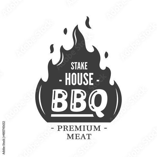 Barbecue logo with fire isolated on white background. BBQ concept. Vector illustration