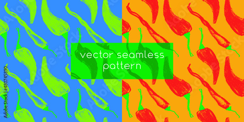 Vector hot pepper pattern seamless. Hand-drawn illustration of hot peppers. Pepper drawings. Homemade vegetables background. Vegan food wallpaper. Red spice backdrop. Vegetarian restaurant banner.