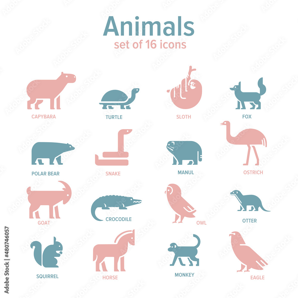Fototapeta premium Vector simple flat pictograms of animals. Big set icons for zoo 