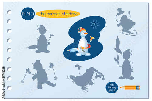 Funny snowman. Cartoon characters. Find the correct shadow. Game for kids. Educational matching game for children. Vector illustration. 