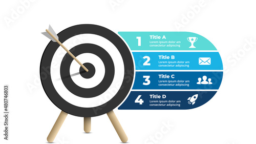 Success infographic. Business presentation slide template. Arrow hit the target. Goal diagram. Chart with 4 steps, options, processes. 