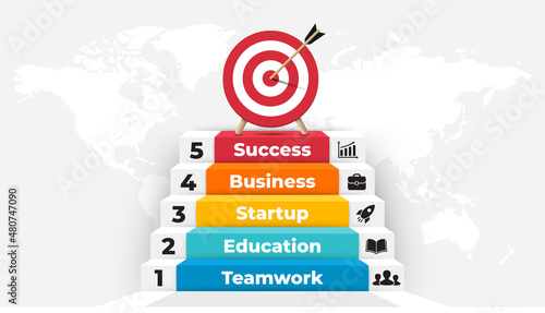 Stairs up to success infographic. Successful startup presentation slide template. Arrow hit the target. Goal diagram. Growth chart with 5 steps, options, processes. 