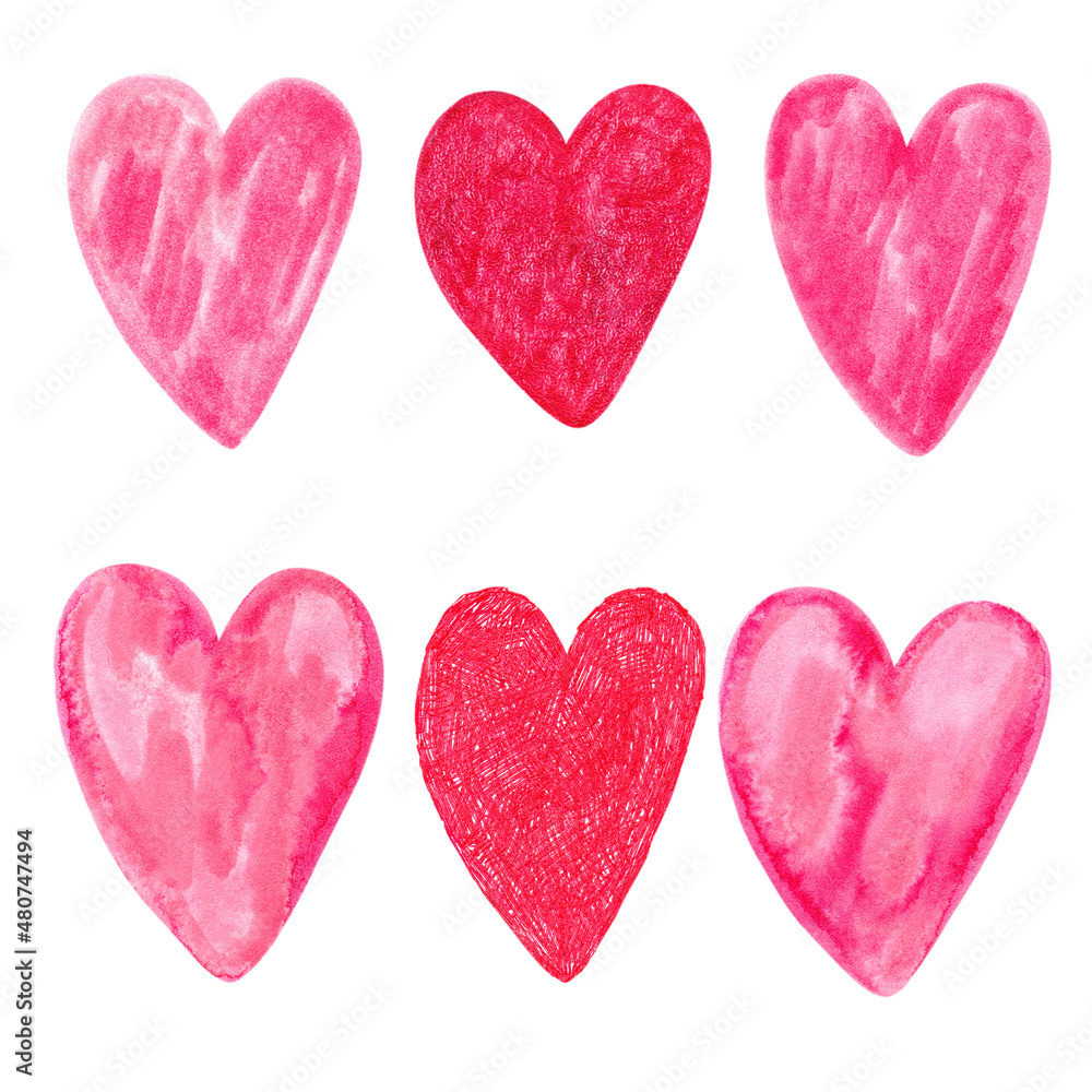 Pink and red simple hearts. Drawn by watercolor and markers. Elements for romantic design of saint valentines day or wedding card, decor, invitation.
