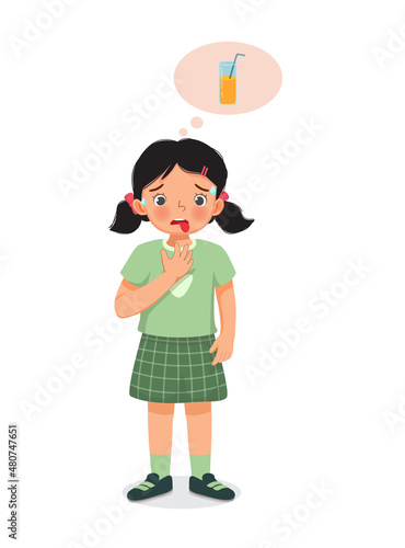 Little girl sweating and feel so thirsty thinking of drinking orange juice