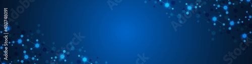 Technology background frame. Design of hexagons, cells connected by lines. Neon glow, stars. Digital network. Plexus of molecules. Chemical science. Banner social networks, websites, medicine. Vector