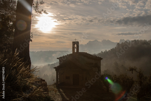 Landscape showing Montserrat mountain and a church