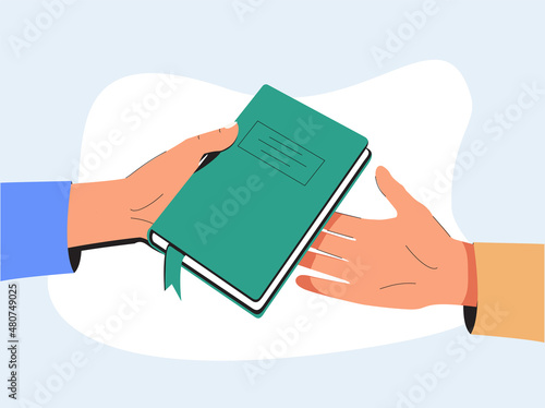 Books swap, exchange or crossing. Reading party, school literature event. Man or woman hand gives book to friend. Reader