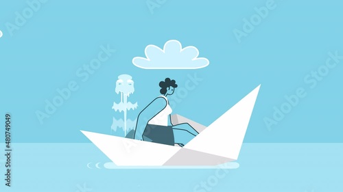 Cartoon woman sailing on a sinking paper boat and scoop out water. Flat Design 2d Character Loop Animation with Alpha Channel