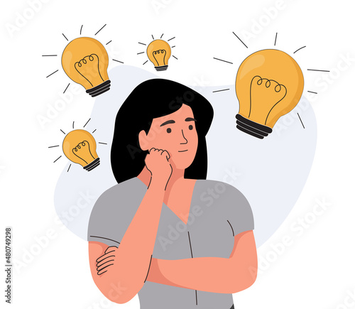 Creativity, genius, new idea concept. Thoughtful student girl holding hand under chin thinking for solution gathering.