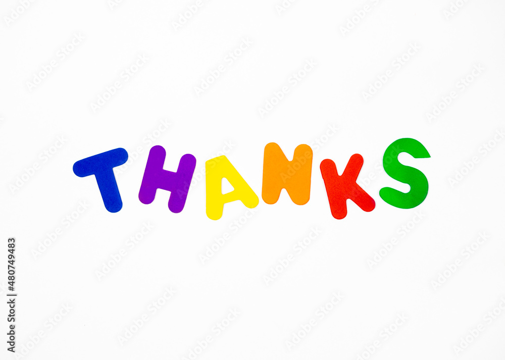The word thank you in multicolored letters on a white background.