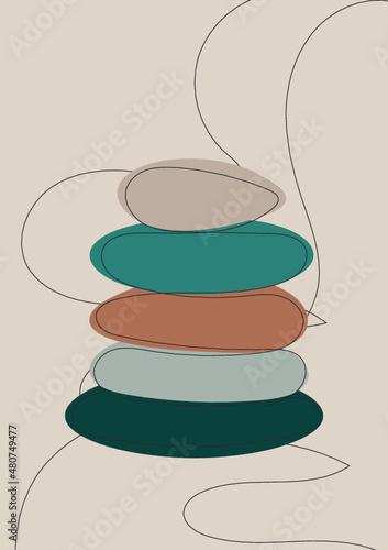 Yoga, balance stone vector illustration. Soft nature colors. Beige, brown, green, pastel. Soft abstract lines. Hand drawn illustration. Stacked pebbles. Poster, flyer, card, wallpaper, brochure. 