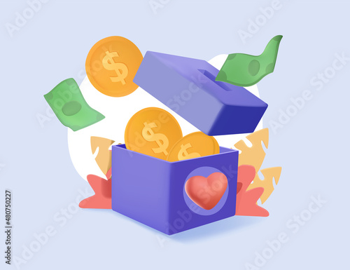 Donation Box with golden coin, money. Donation and charity concept. 3D Web Vector Illustrations. Donation and volunteers