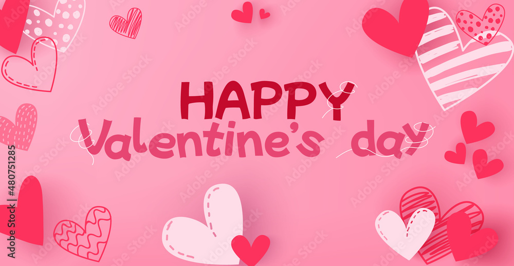 Valentine's day background banner with doodle hearts decoration with cut paper effect