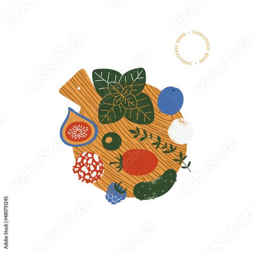 Charcuterie illustration. Appetizers board with various food. Antipasti board. Catering composition. 