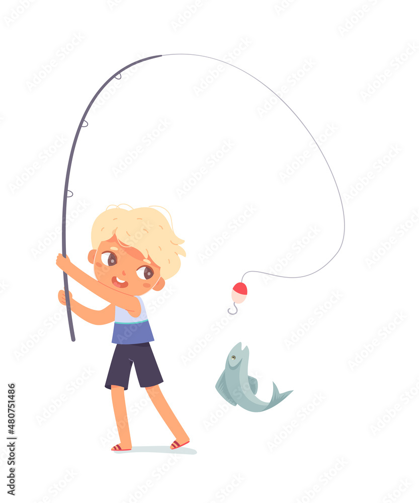 Cartoon boy with fishing pole, cute angler boy casting fishing rod to catch  fish on hook Stock Vector