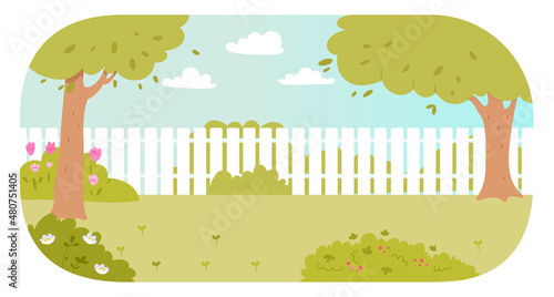 Summer yard with wooden fence and garden, nature village scene, home backyard landscape