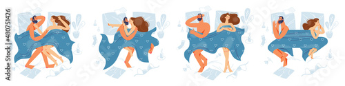 Couple sleep in bed at night set, happy or sad young woman and man sleeping together