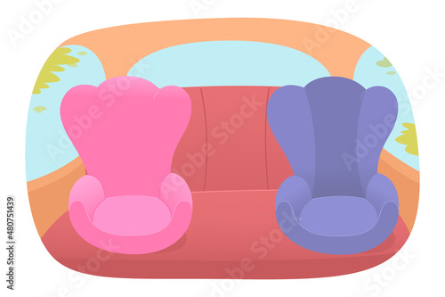 Back seats for kids in car, salon of automobile with windows, pink and blue baby chairs