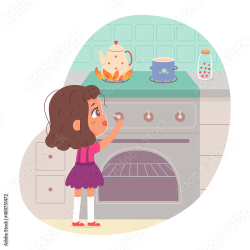 Dangerous accident with naughty kid in kitchen, child playing with hot pot on gas stove