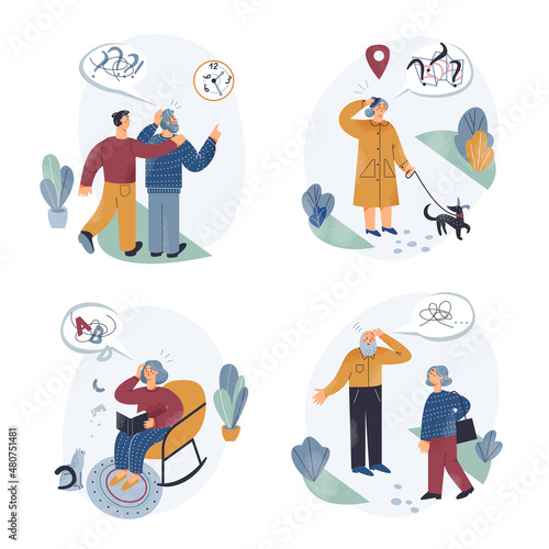Elderly people with dementia disease set, elder woman and man suffering from memory loss