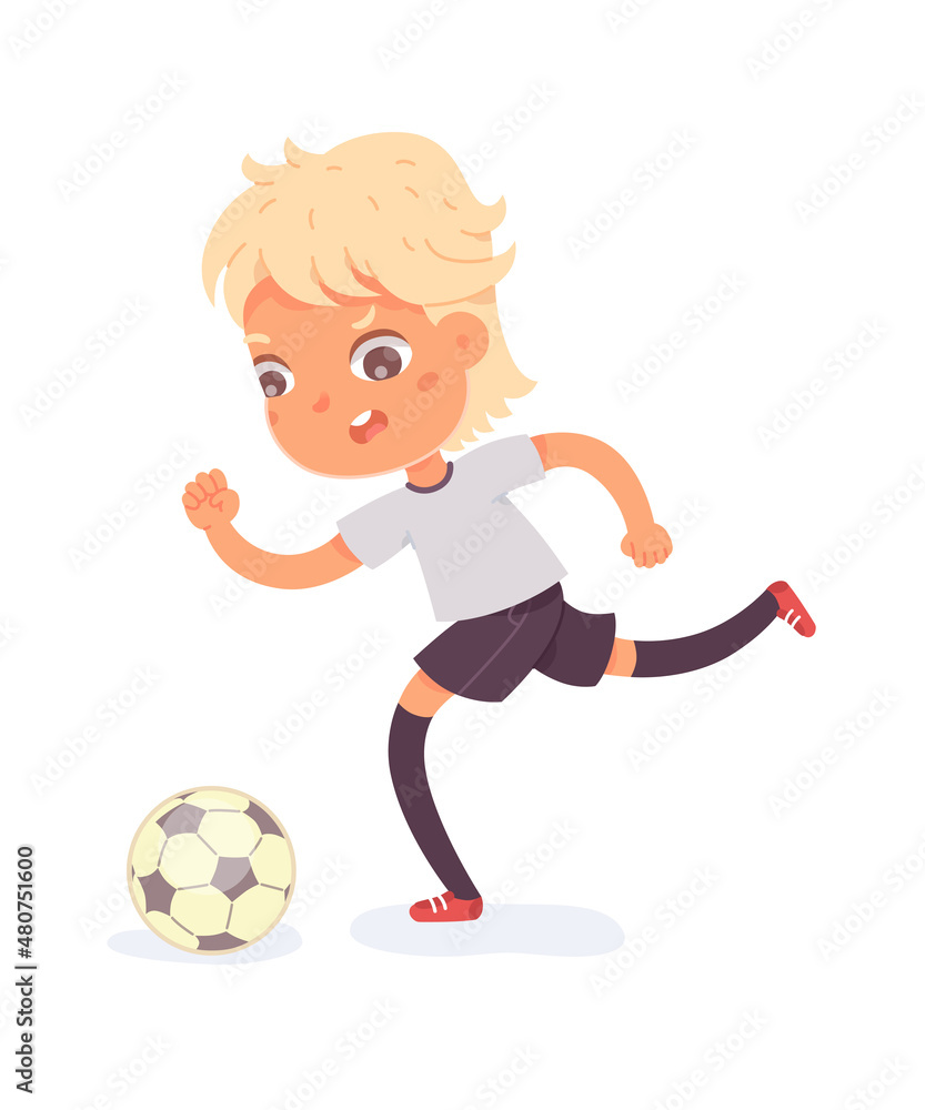 Boy running with ball at football practice. Happy little kid playing sport in uniform vector illustration. Smiling child runs with ball in front of foot on white background