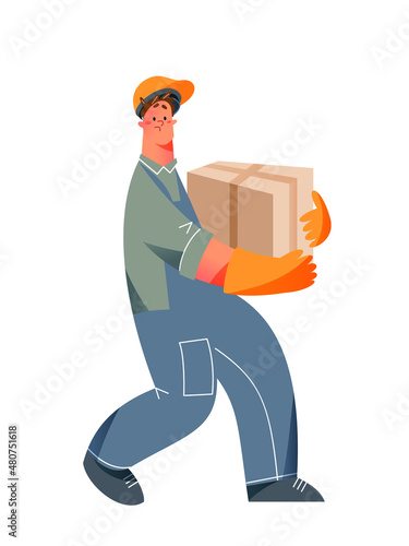 Worker of warehouse carrying heavy cardboard box with effort, man in loader uniform
