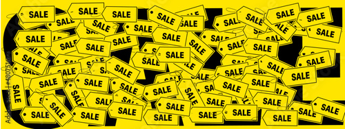A lot of yellow pricetags on a sales background. Special offers and sale tags / En masse gule prisskilte på en udsalgs baggrund. Særlige tilbud og udsalgsmærker, Vector photo